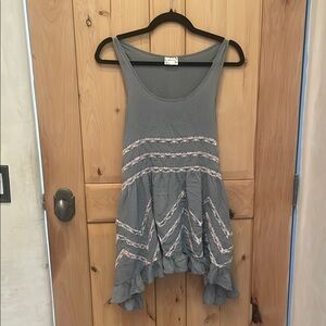 Free People White and Blue Asymmetrical Ruffled Tank Top